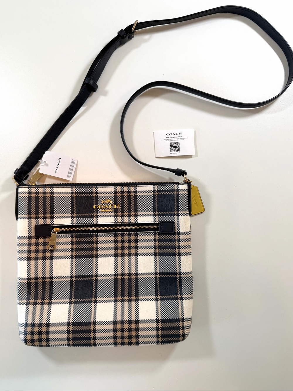 COACH Rowan File Bag Garden Plaid Midnight Blue NWT